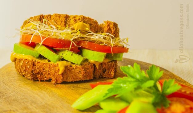 Quick and tasty vegan sandwich with avocado and sprouts