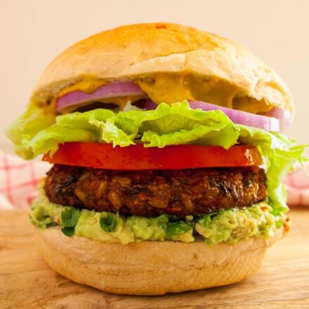 Photo of a vegan burger. The ultimate Vegan Burger! Yummy, hearty and nutritious!