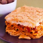 Greek vegan pastitsio with béchamel made from almond milk and olive oil