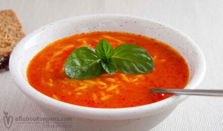 Tomato soup with orzo and basil notes in 30 minutes