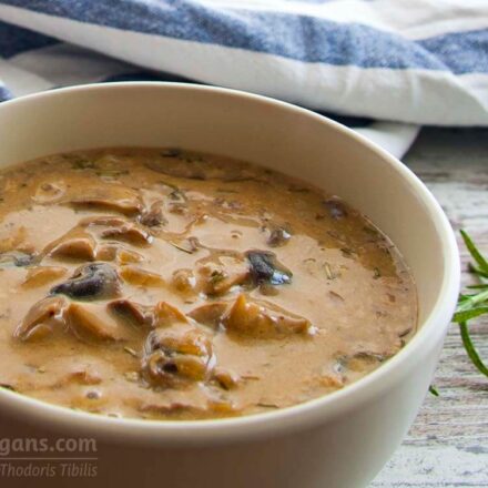 Photo of a bowl of delicious vegan mushroom soup. A vegan recipe from ALL ABOUT VEGANS