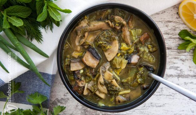 Delicious Greek "mayiritsa" with mushrooms and fresh herbs (vegan)