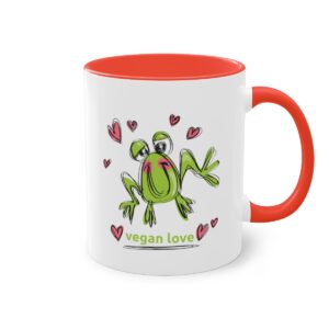 Φωτογραφία κούπας τσαγιού / καφέ με σχέδιο cartoon βατραχάκι και μήνυμα vegan love. All About Vegans