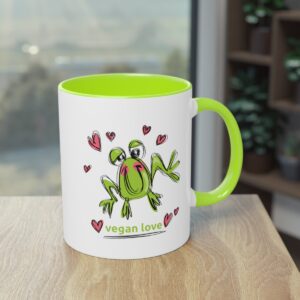 Φωτογραφία κούπας τσαγιού / καφέ με σχέδιο cartoon βατραχάκι και μήνυμα vegan love. All About Vegans