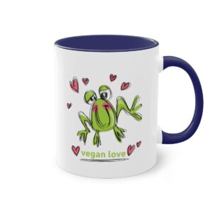 Photo of tea/coffee mug with cartoon frog design and vegan love message. All About Vegans
