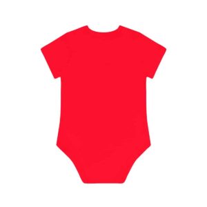 Photo of the back of a red certified organic cotton baby body