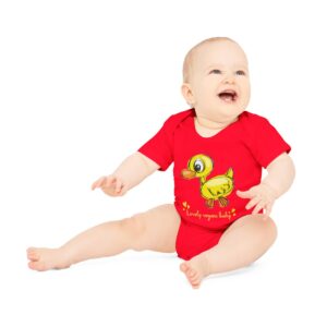 Photo of a baby wearing a red baby body made of certified organic cotton with a drawing on the front depicting a cartoon duckling and underneath the message lovely vegan baby and hearts on the right and left